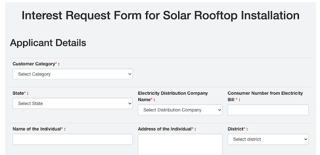Online Application Form for Solar Rooftop Scheme Installation