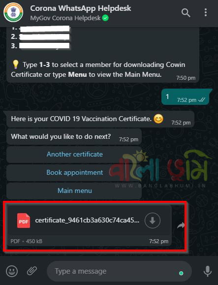 Download Covid-19 vaccination certificate from WhatsApp
