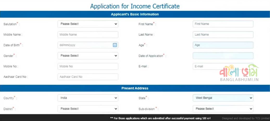 West Bengal Income Certificate Apply Form