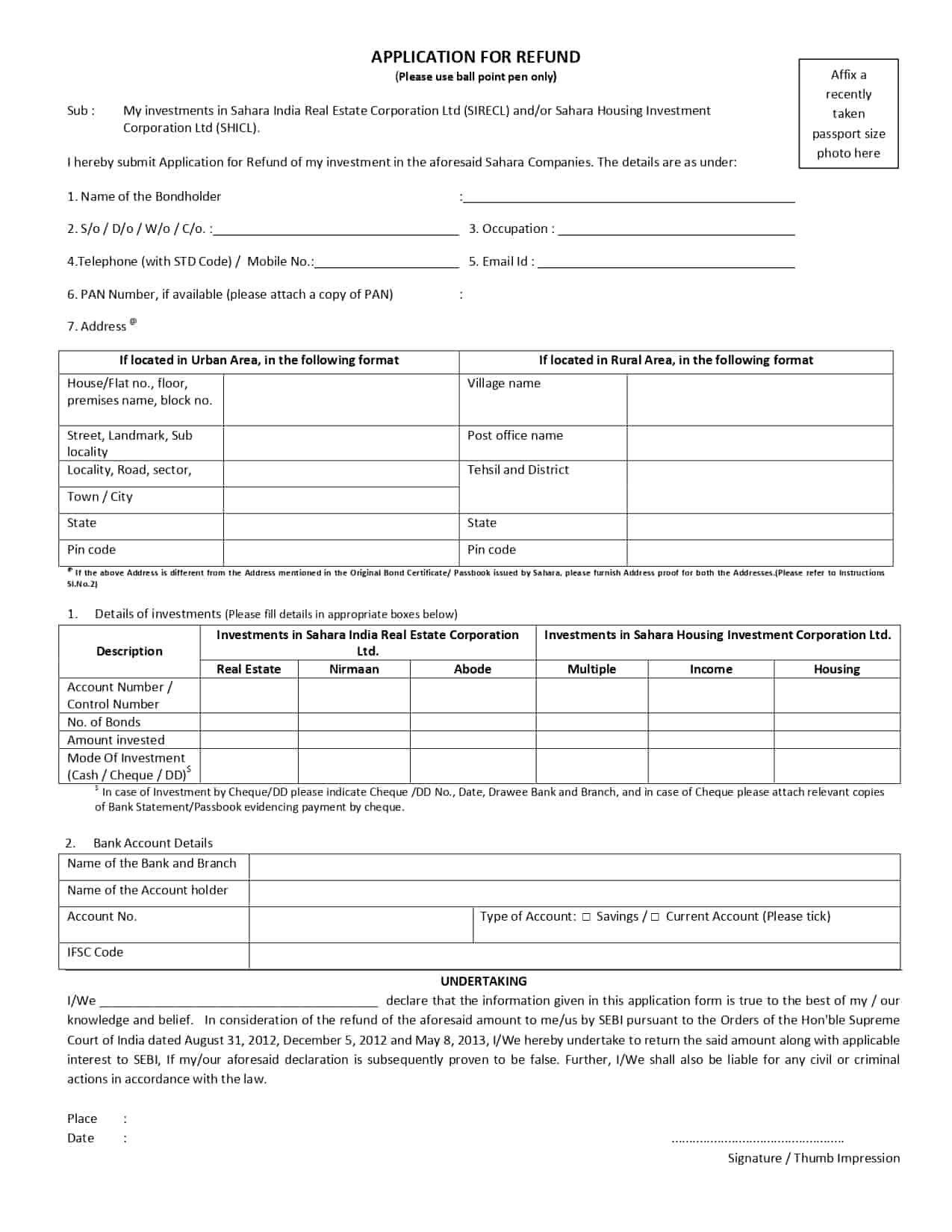 Sahara Refund English Application Form PDF